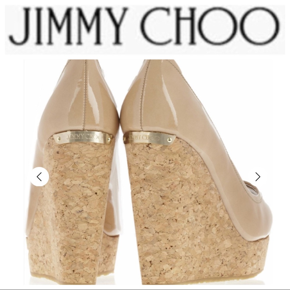 JIMMY CHOO NUDE PATENT LEATHER CORK WEDGE SIZE 10 - Picture 2 of 15